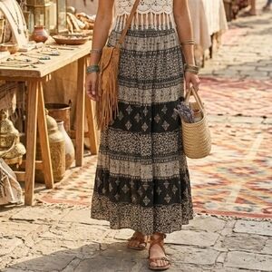 Papa Boho Block Print Cotton Maxi Skirt Black Cream Small Tiered Festival